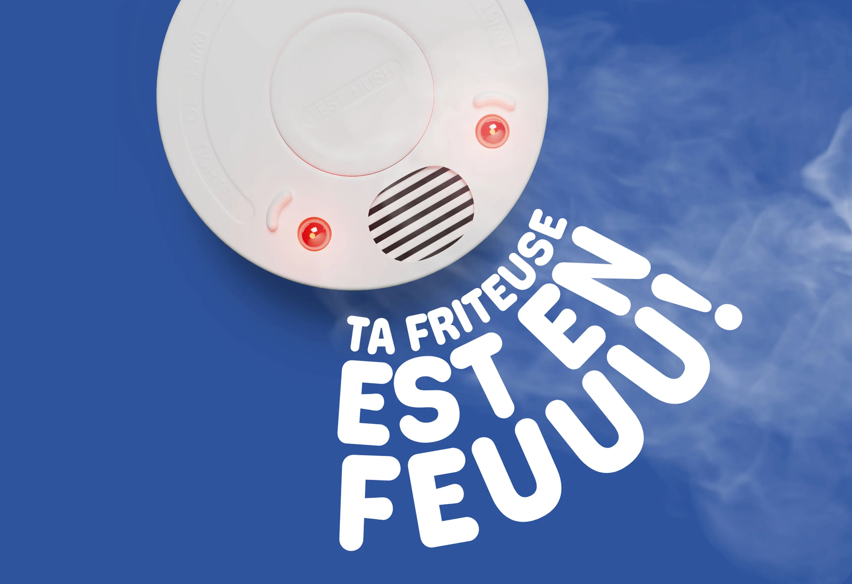 détecteur de fumée clignotant fumée fond bleu texte Ta friteuse est en feu!