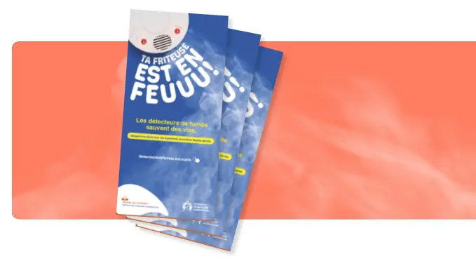 trois brochures avec le texte Ta friteuse est en feu ! sur fond orange avec fumée