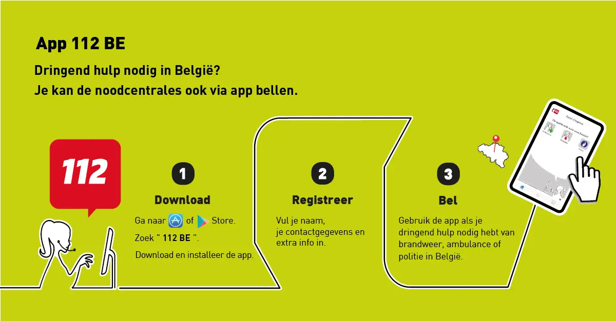 App 112 BE 1 Download 2 Registreer 3 Bel