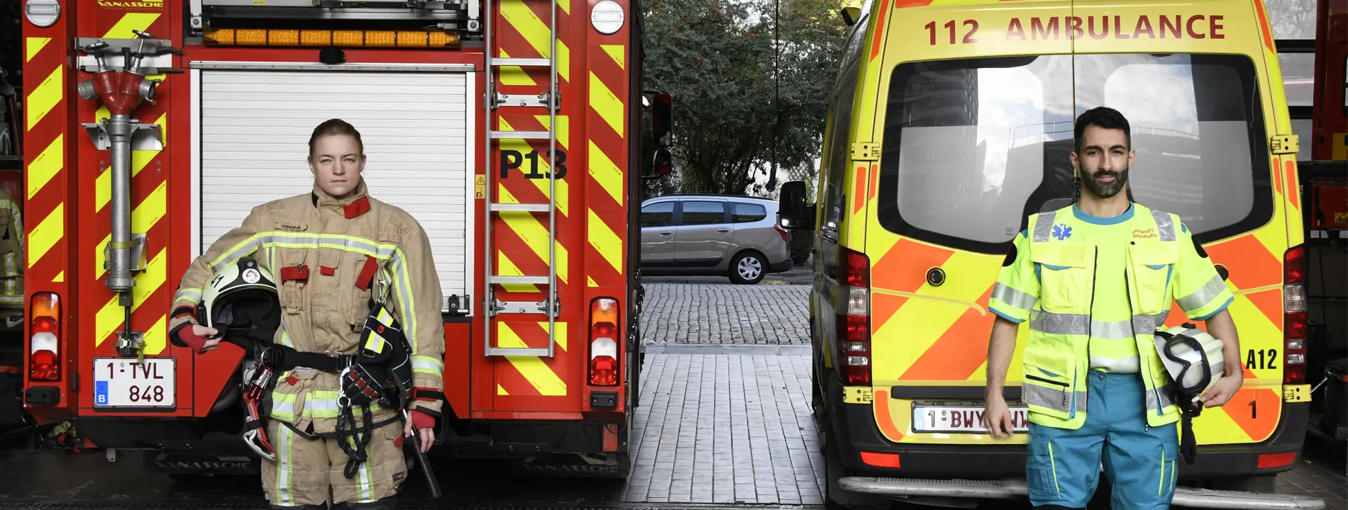Ambulance driver and fireman with vehicles
